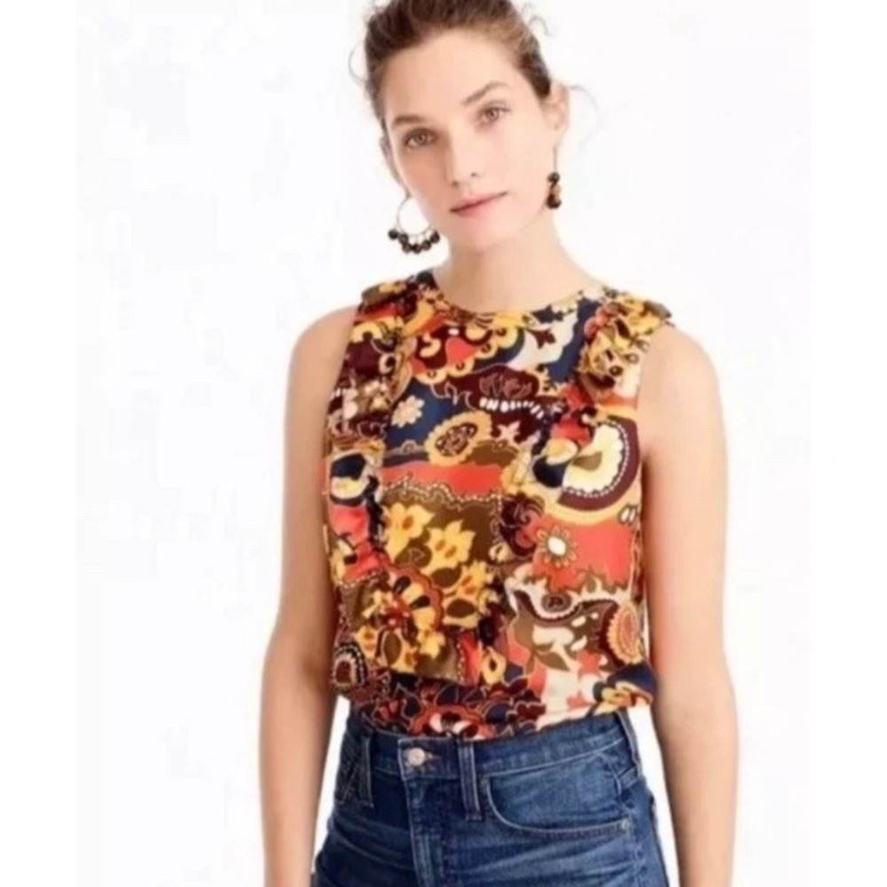 J Crew Darwin 100% Silk Button Back Sleeveless Top Size 8 Ruffle Floral Paisley‎
